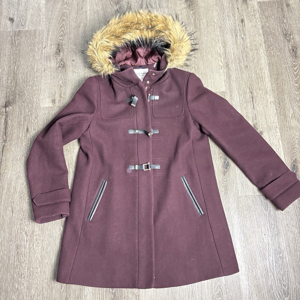Cole Haan Signature Women's 8 Wool Blend‎ Coat Faux Fur Hooded Bordeaux